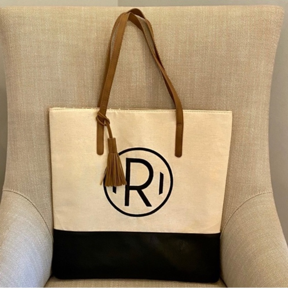 Mud Pie Chelsea Canvas Tote Bag with Tassel and Initial “R”